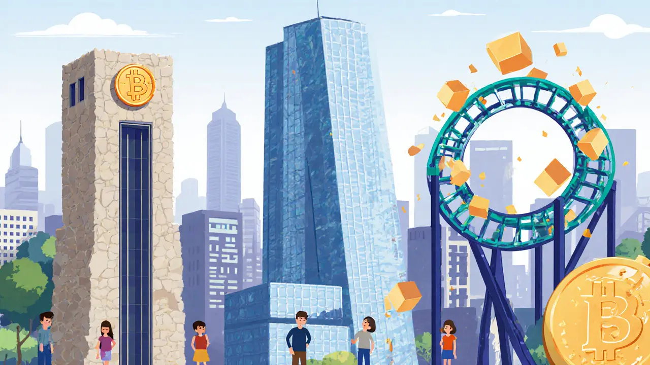 A city skyline with three buildings representing blockchains: Bitcoin as a slow stone tower, Ethereum as a glass skyscraper, Solana as a wild rollercoaster.