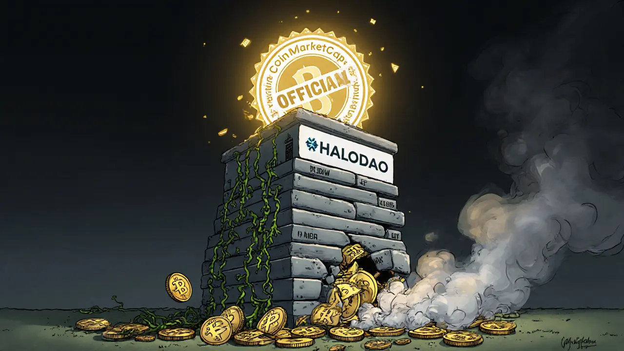 A collapsed HaloDAO token tower with wilting crypto vines, shattered CoinMarketCap stamp on the ground.