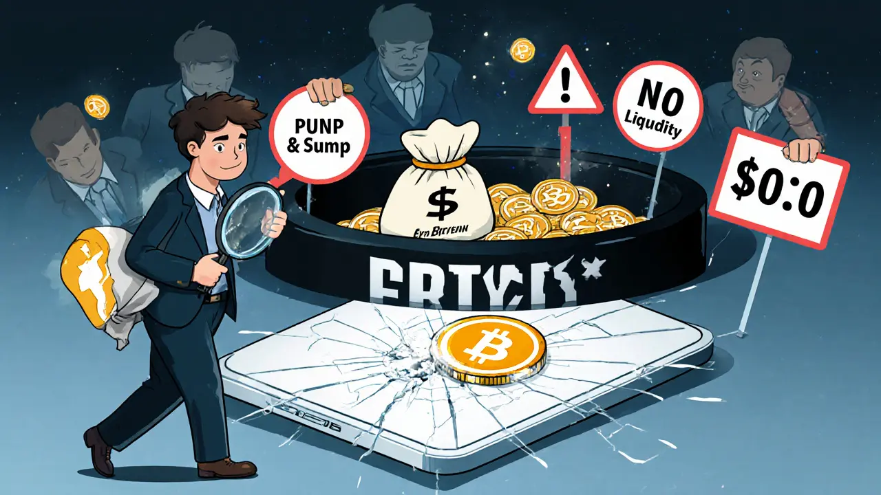 A confused investor examining a flickering FRY token while shadowy figures dump coins into a black hole.