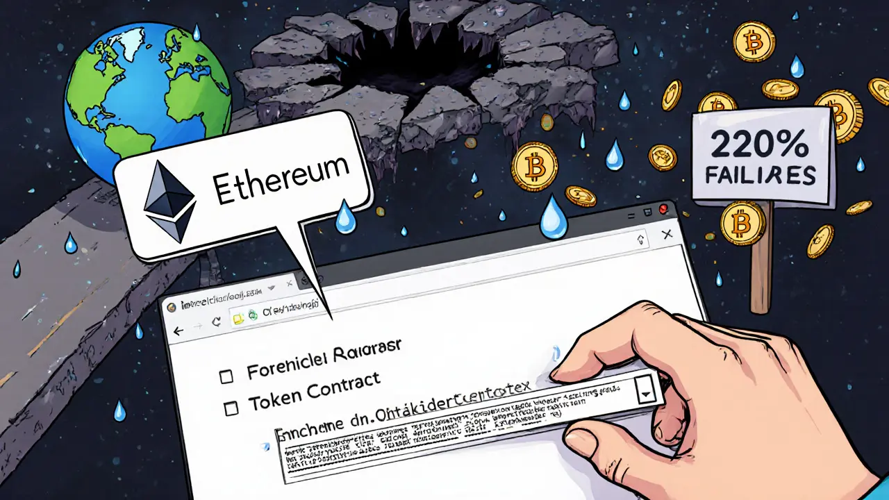 A confused user entering a wrong token address as coins fall into a black hole, symbolizing bridge failure.