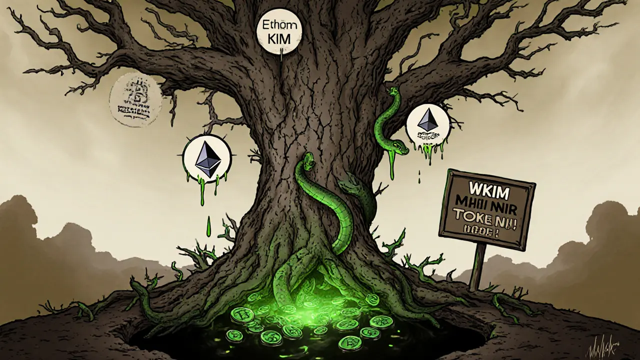 A cracked blockchain tree with a poisonous WKIM Mjolnir branch draining coins into a pit, surrounded by fake promises.