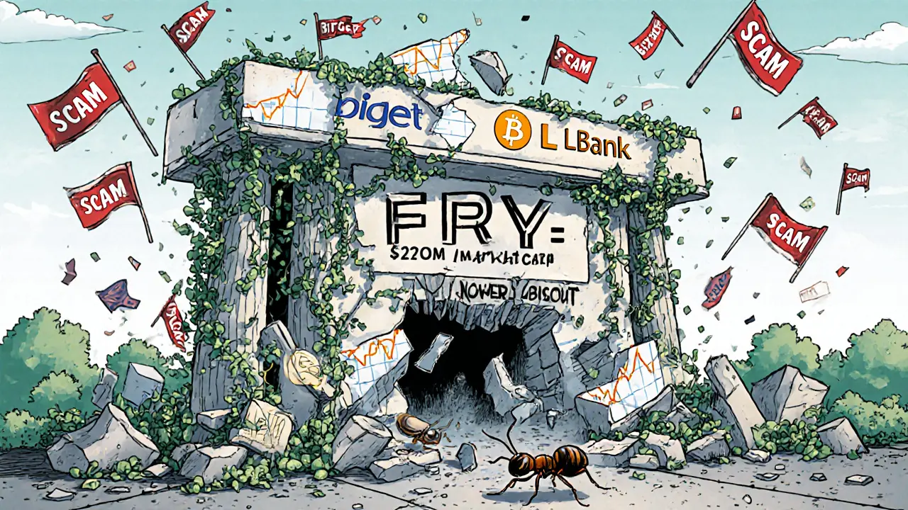 A crumbling monument labeled &#039;FRY&#039; made of broken exchange logos, with a lone holder walking away.