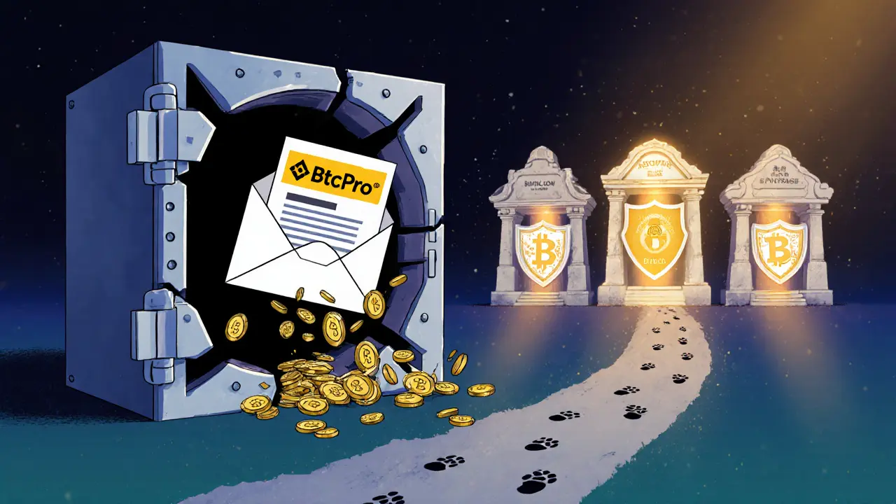 A crumbling scam vault spills crypto into a black hole, while trusted exchanges stand as glowing, secure temples.