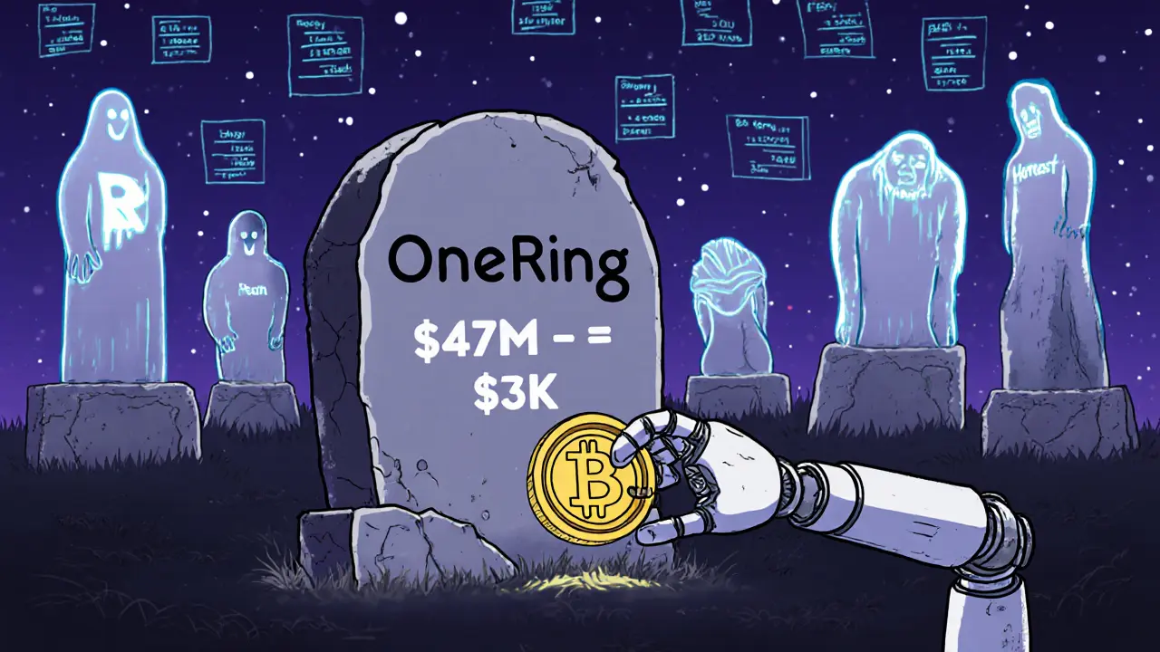 A crypto graveyard with OneRing&#039;s tombstone surrounded by thriving competitors.