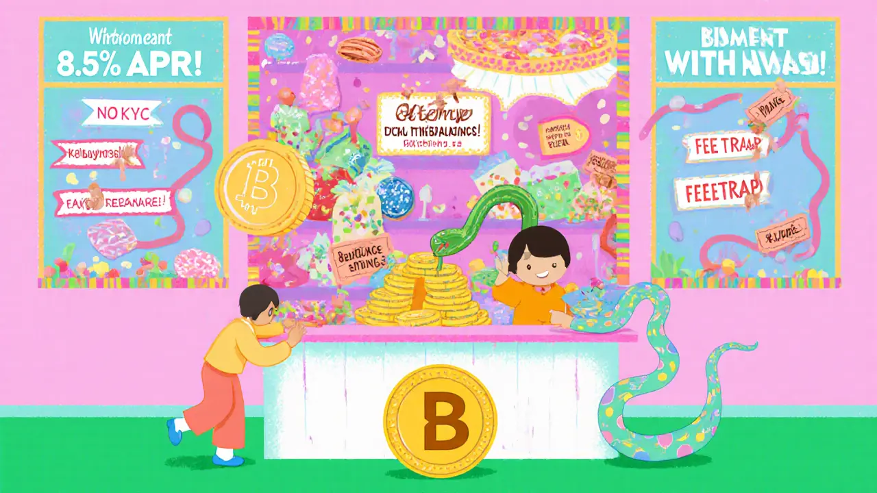A deceptive candy shop lures users with fake crypto promises, while a real exchange logo hides safely below.