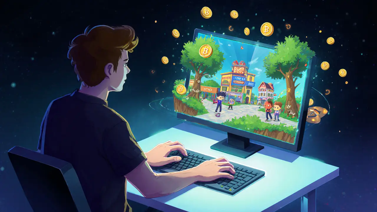 A developer creating an NFT game from code, with token symbols forming the game world around them.