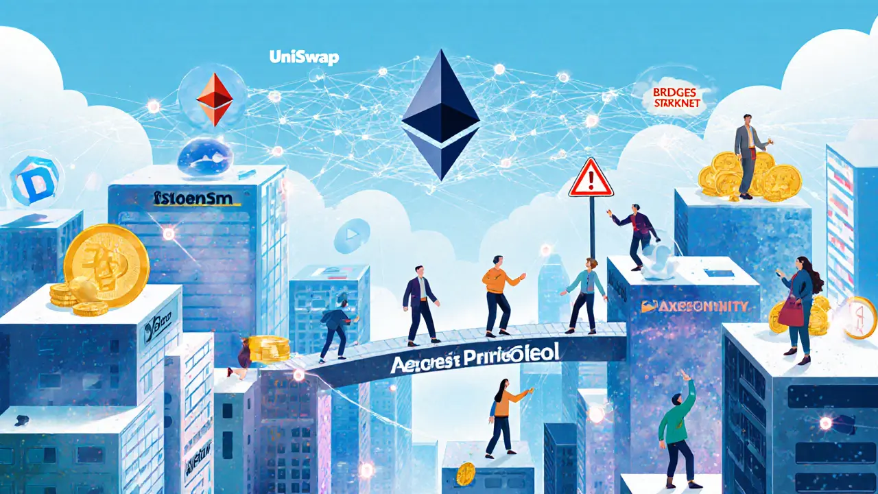 A digital city with users trading NFTs on floating platforms connected by glowing networks to a central Ethereum core.