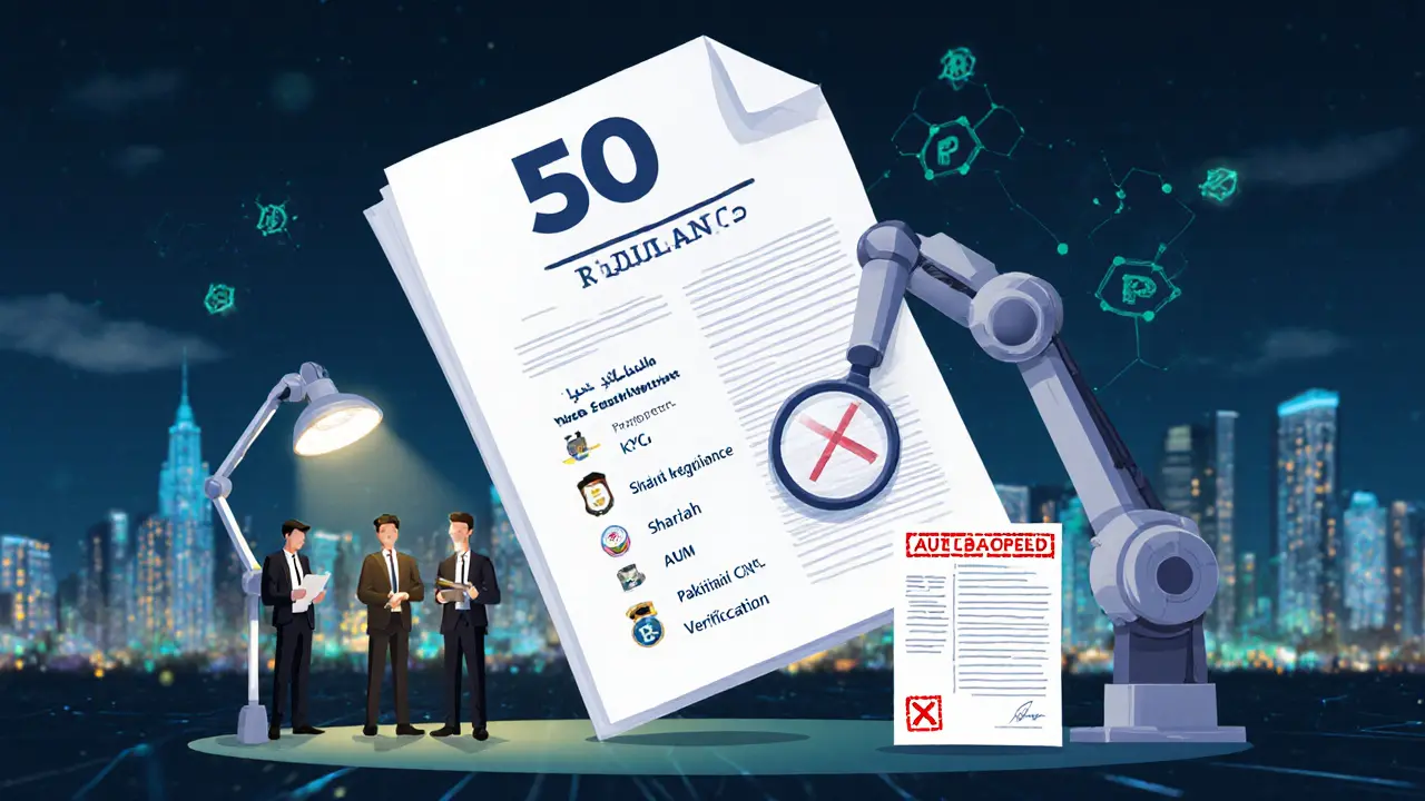 A floating 50-page compliance dossier with key requirements labeled, examined by stylized officers under a lamp, robotic arm rejected by red X.