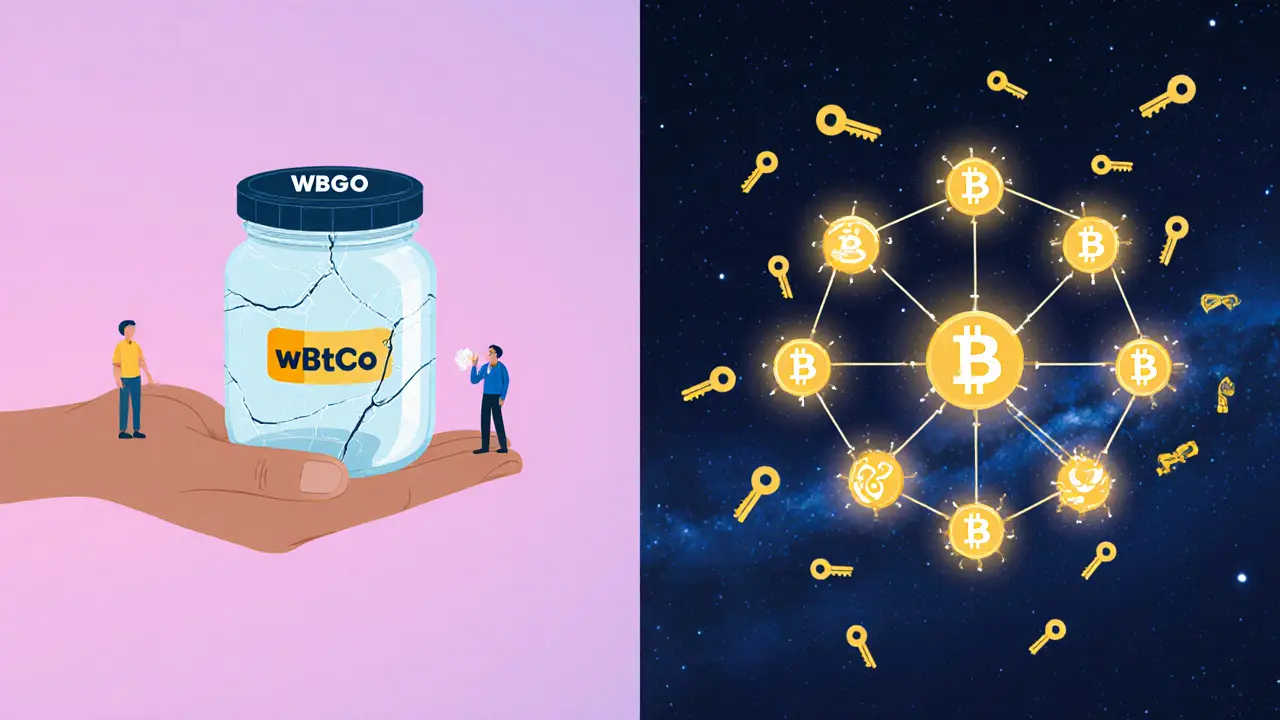 A fragile WBTC jar cracks while decentralized nodes safely hold fragmented keys, symbolizing two custody models.
