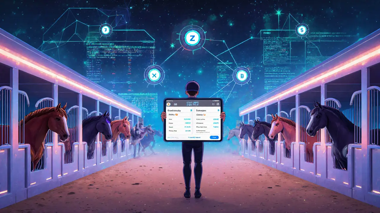 A futuristic stable with digital horses and blockchain bridges connecting networks.