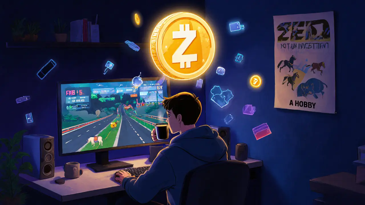 A gamer in a dim room watches a horse race on screen with ZED tokens hovering nearby.