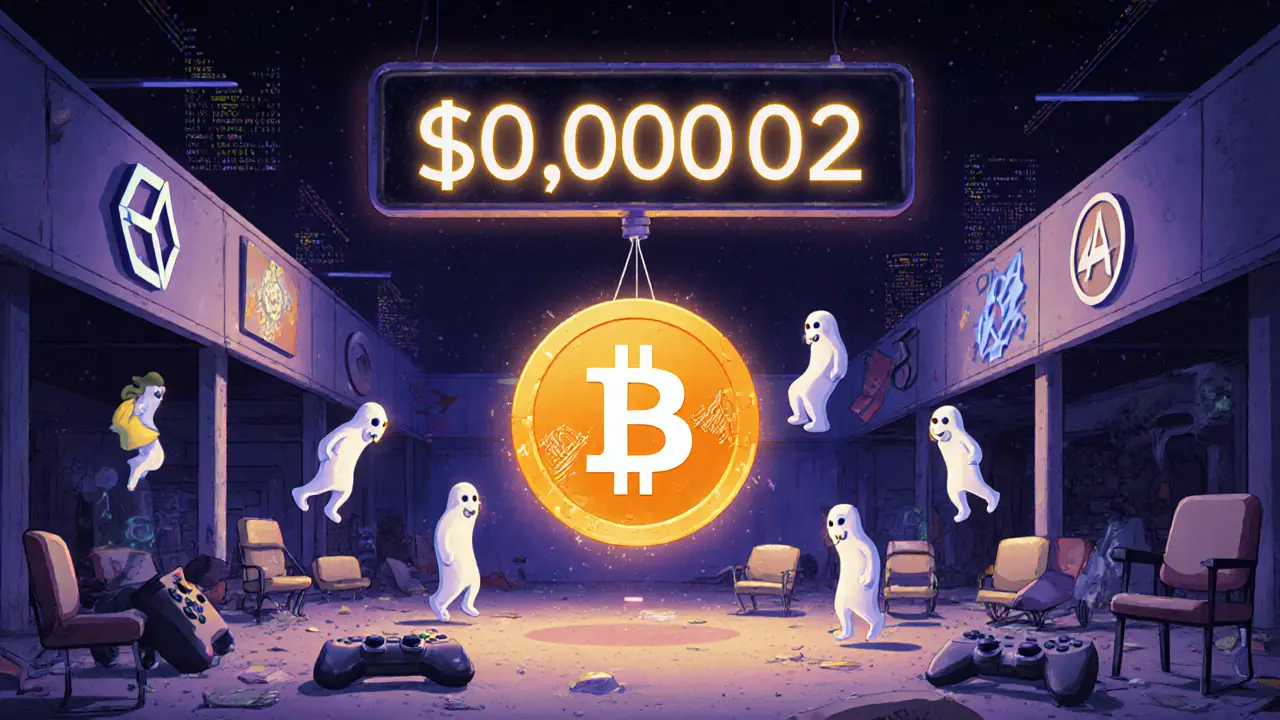 A ghostly marketplace with a tiny, flickering $ELXAI token and abandoned tech tools under a fading price tag.