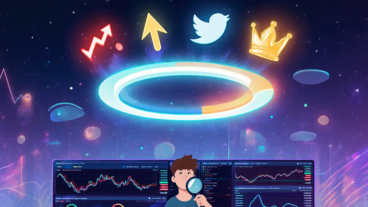 A glowing crypto mood ring displaying four sentiment indicators, with a calm trader observing its color shift.