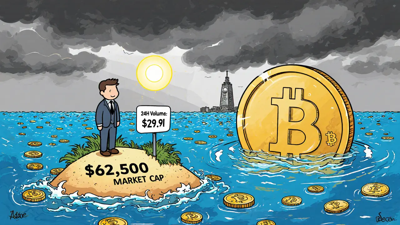 A lone investor on a tiny island of market value, watching a low-volume FTX coin sink in a sea of major cryptocurrencies.