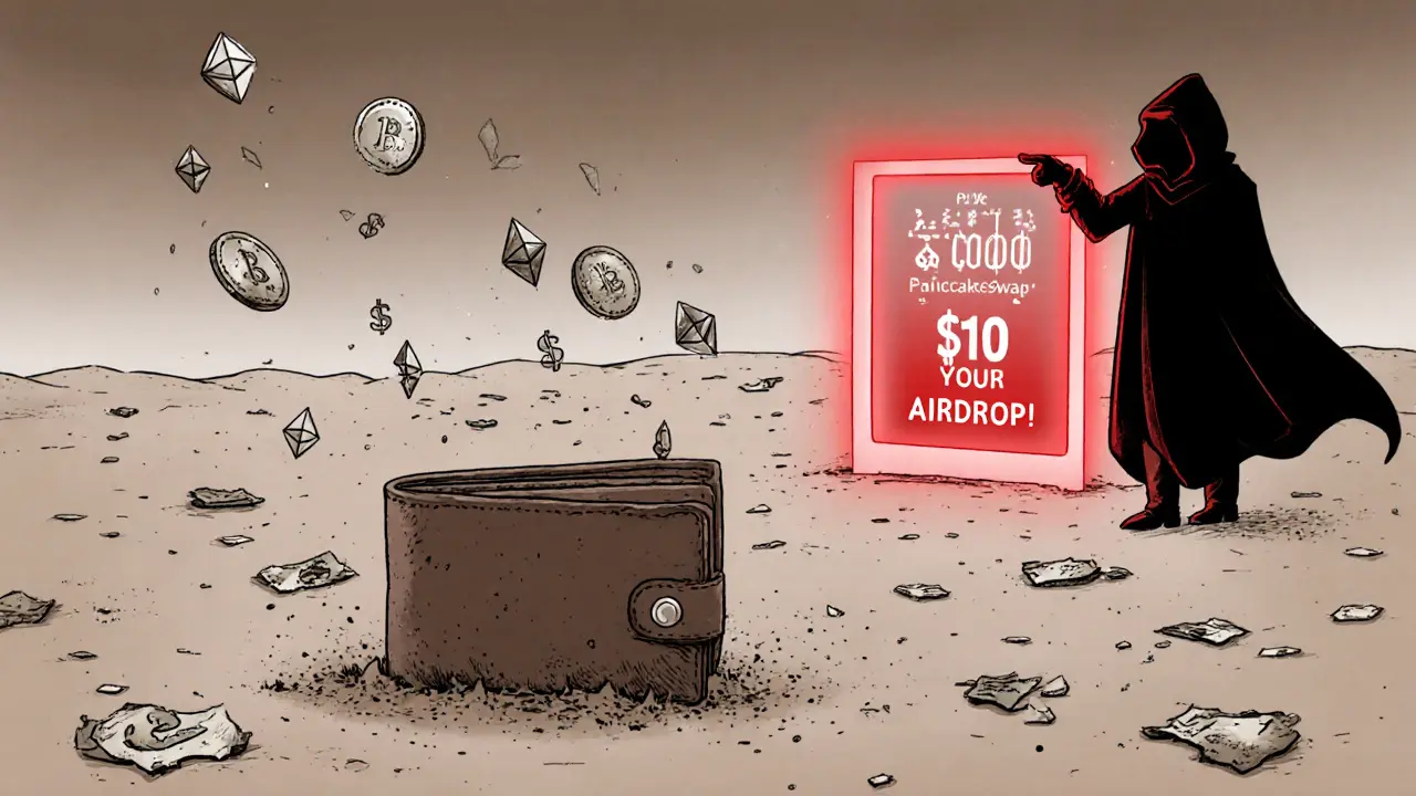 A lonely wallet in a barren digital wasteland, with fake airdrop portal glowing red in the distance.