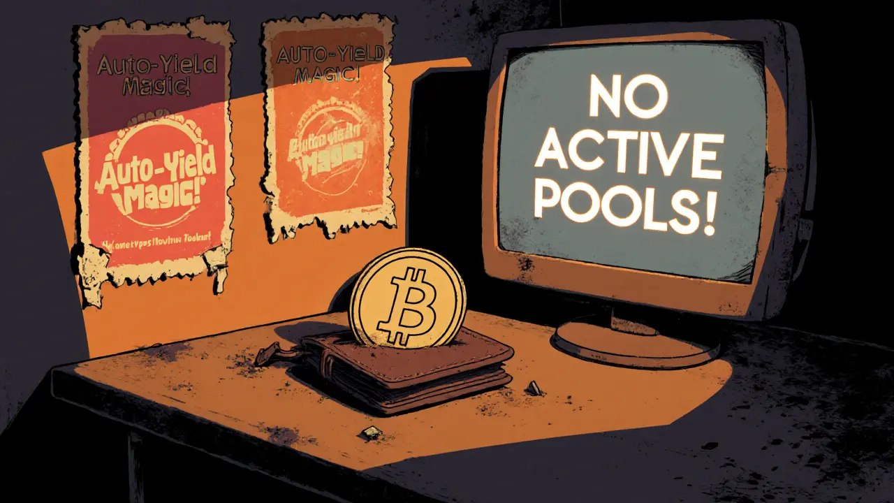 A lonely wallet with a RING token on a deserted desk beside a dead monitor.