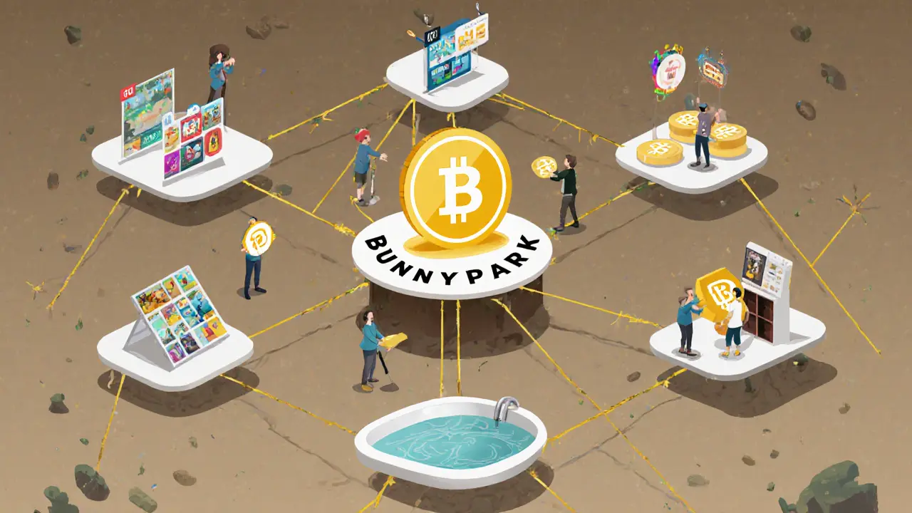 A network of NFT projects connected to a central BunnyPark hub, with contributors reaching toward it.