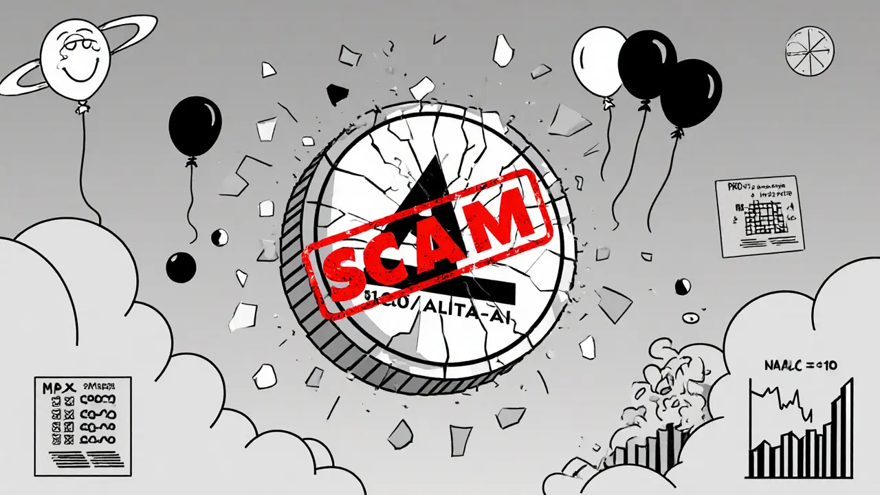 A paper-thin crypto token floating in space with bursting price graphs, no exchange platforms, and a scammer vanishing in smoke.