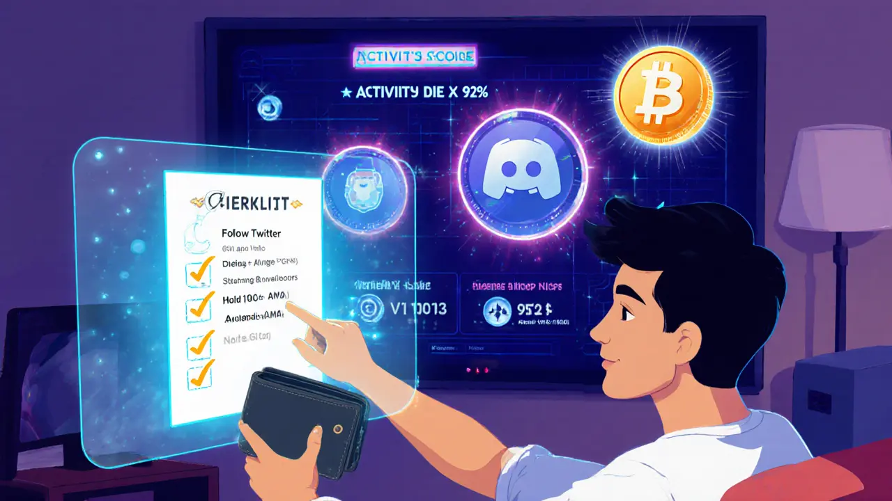 A player completing community tasks to qualify for a GamesPad NFT airdrop, with an activity score and glowing NFTs visible.