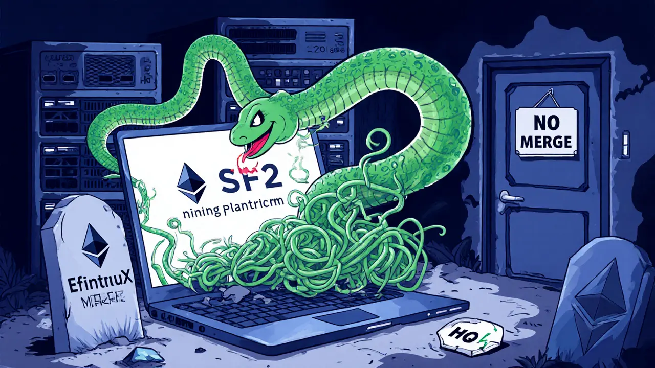 A snake made of smart contracts emerging from a fake mining platform, next to a tombstone marking Ethereum's end of mining.