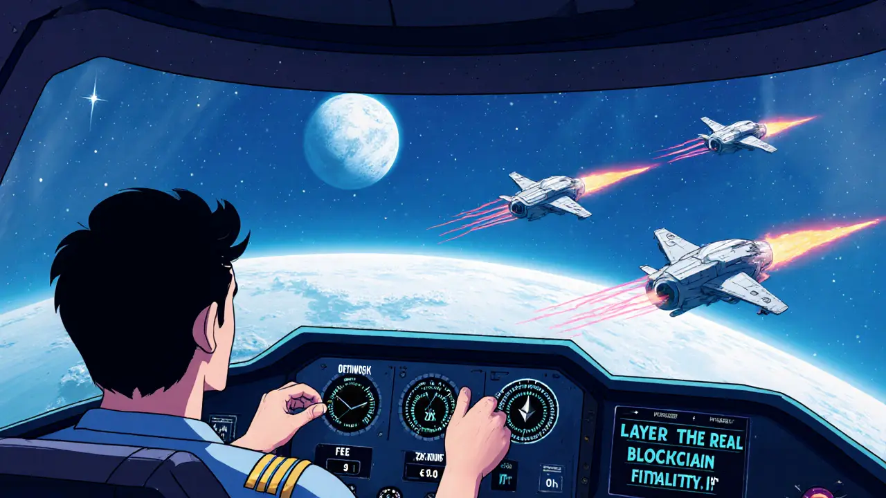 A spaceship cockpit dashboard showing Layer 2 networks zooming past with fee and speed metrics displayed.