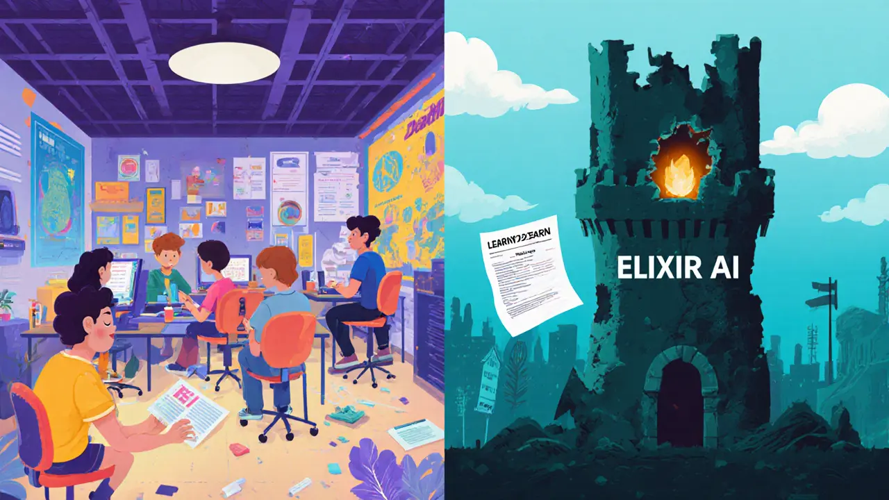 A split scene: active AI 3D studio on one side, an empty crumbling ELIXIR AI tower on the other.