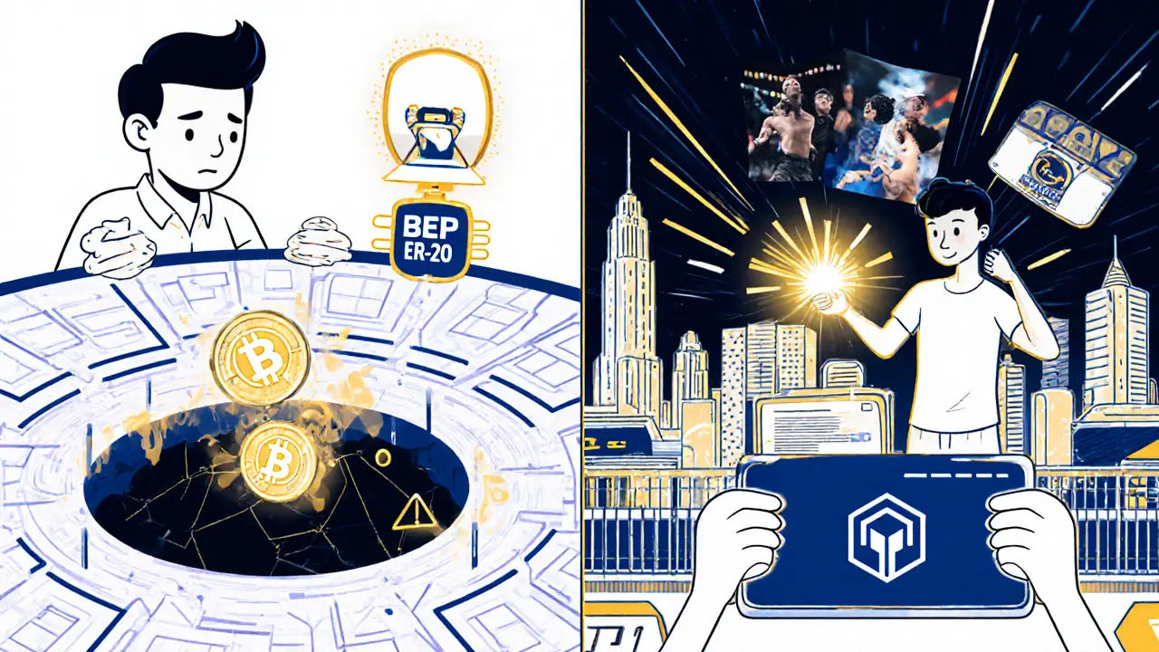 A user losing tokens to a wrong blockchain network vs. another successfully betting with BLOCK on BlockBet.