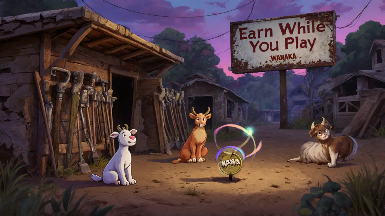 Abandoned Wanaka Farm marketplace with dusty NFT tools and a lone spinning token in the dirt.