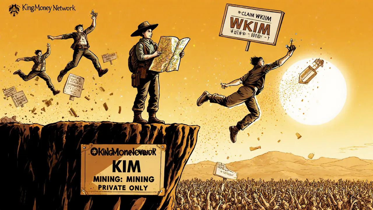 An explorer stands safely on a real KingMoney path while others jump toward fake airdrop signs, turning to digital dust.