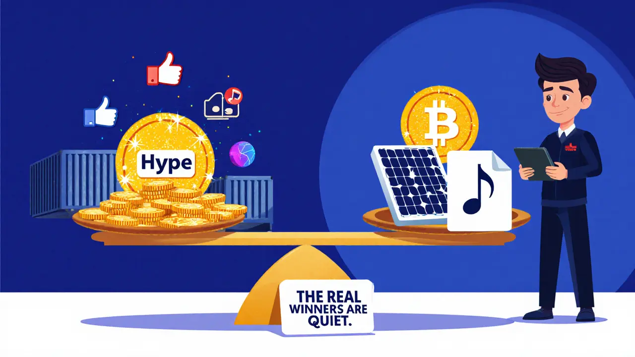 Balance scale comparing hype-driven tokens to utility tokens used in real-world applications.