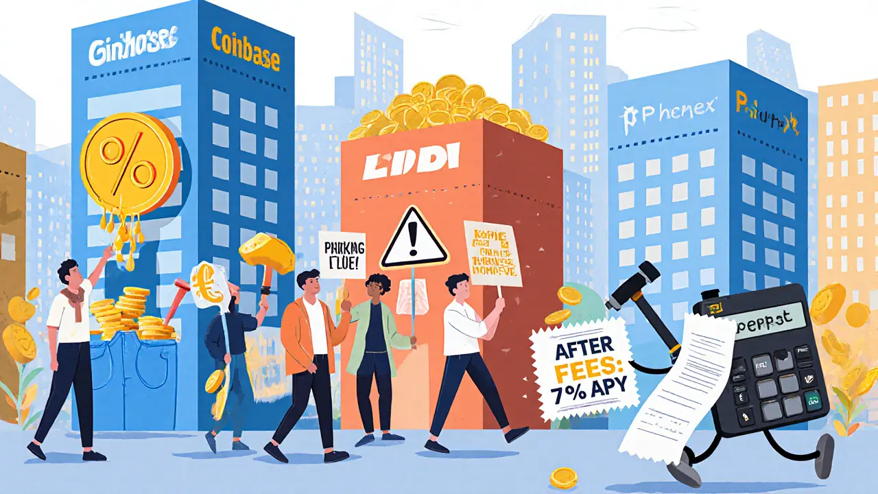 Cartoon staking platforms with different reward outcomes, one dripping coins, another with a slashing hammer warning