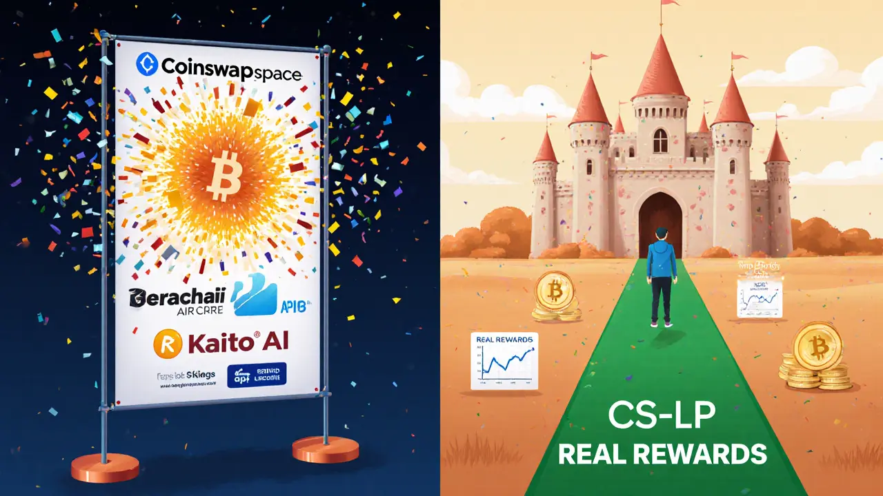 Contrast between flashy fake airdrops and a steady path to real rewards on CoinSwap Space.