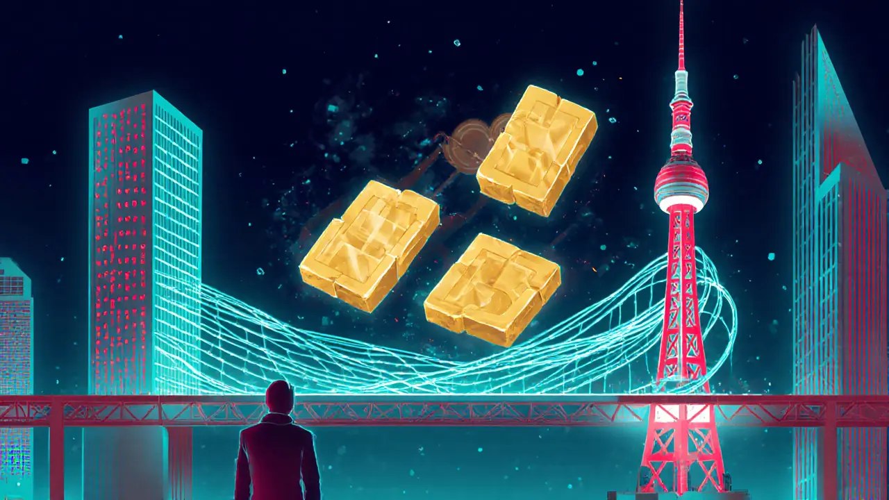 Digital bridge connecting Berlin and Tokyo with secure MPC wallet fragments glowing above, symbolizing cross-border crypto settlement.
