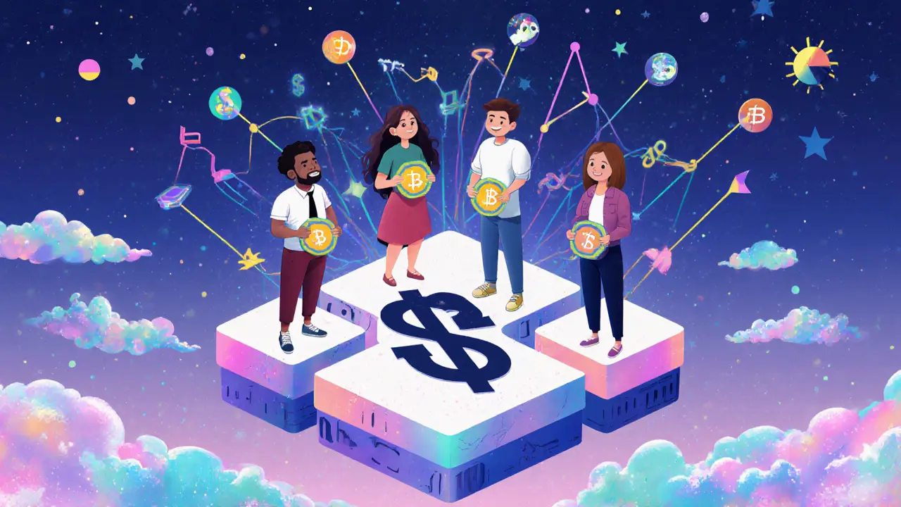 Diverse creators on a blockchain platform, their NFTs forming a dollar-sign constellation in the sky.