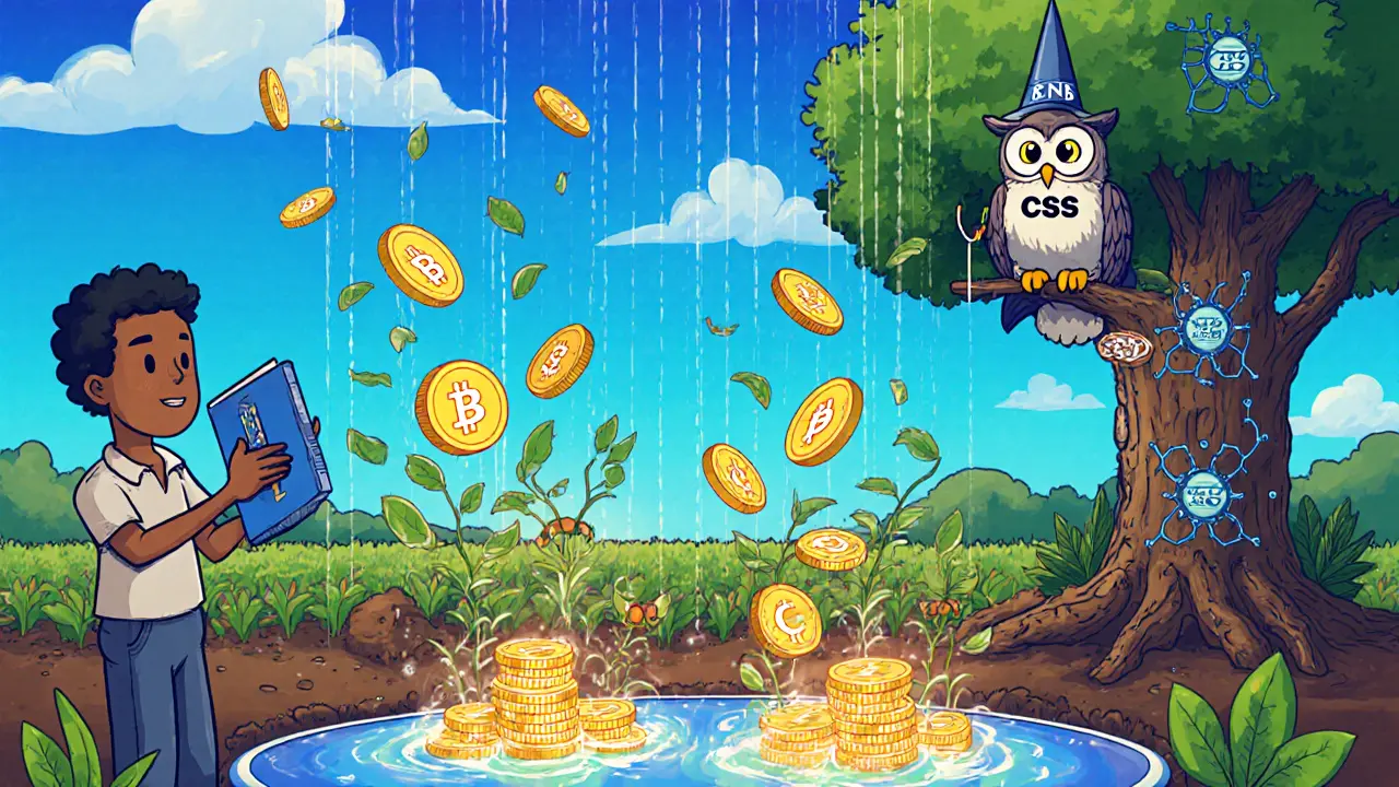 Farming scene with liquidity pools producing CSS reward coins, overseen by a blockchain owl.