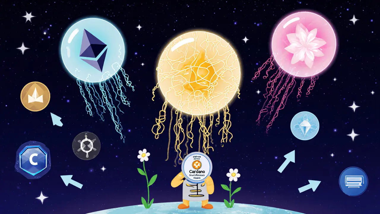 Floating crypto staking orbs with reward streams, a human checking a high-performing validator, and tax icons nearby