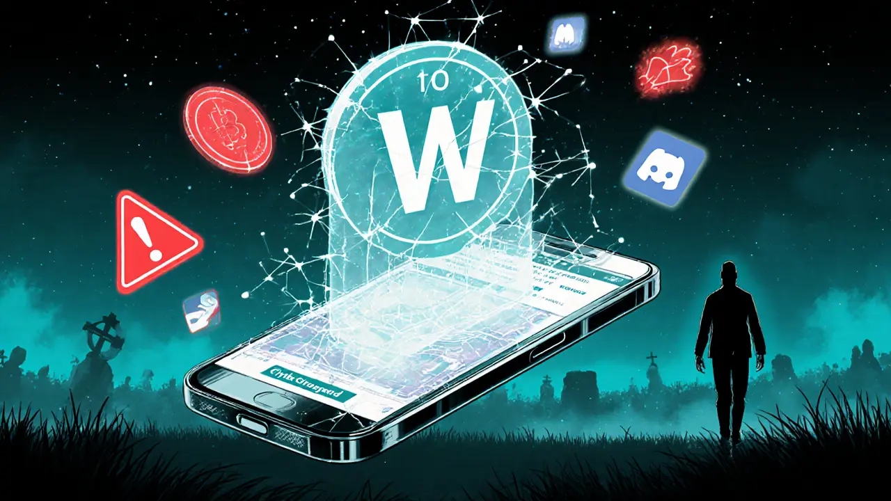 Ghostly WANA token above a frozen game screen, surrounded by warning icons in a dark, glitchy landscape.