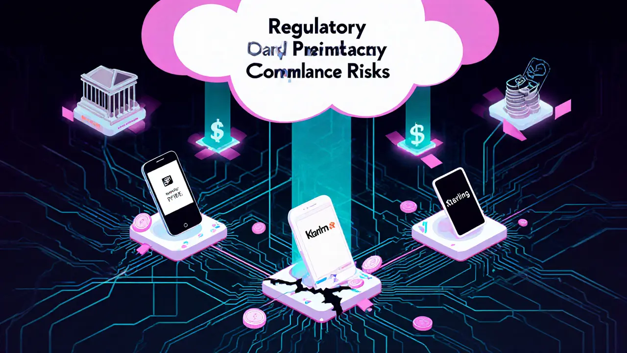 Global BaaS network connecting fintech apps, with regulatory risks and broken API links.