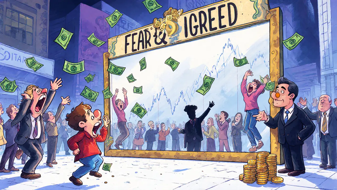 People throwing money into a mirror labeled &#039;Fear &amp; Greed Index,&#039; reflecting a quiet investor buying quietly.