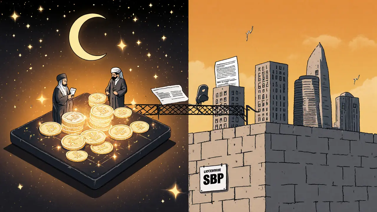 Split scene: halal crypto platform with scholars approving on left, blocked by SBP ban wall on right, fragile bridge of licenses spanning the divide.