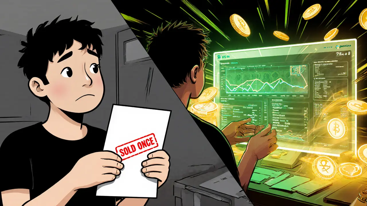 Split scene: tired artist vs. thriving artist watching real-time royalty payments on a holographic dashboard.