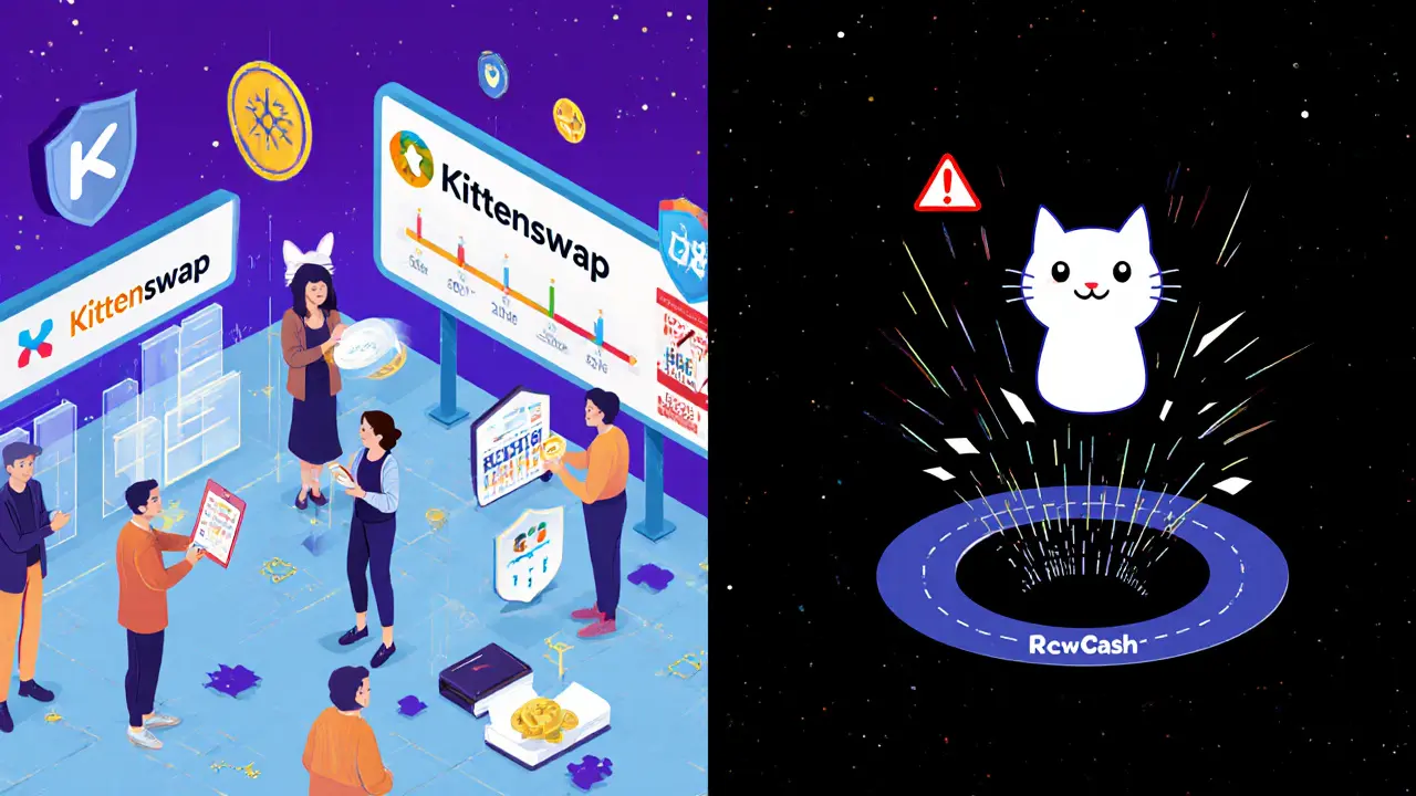 Split scene: vibrant legitimate crypto ecosystem vs. dark glitchy KTN scam void.