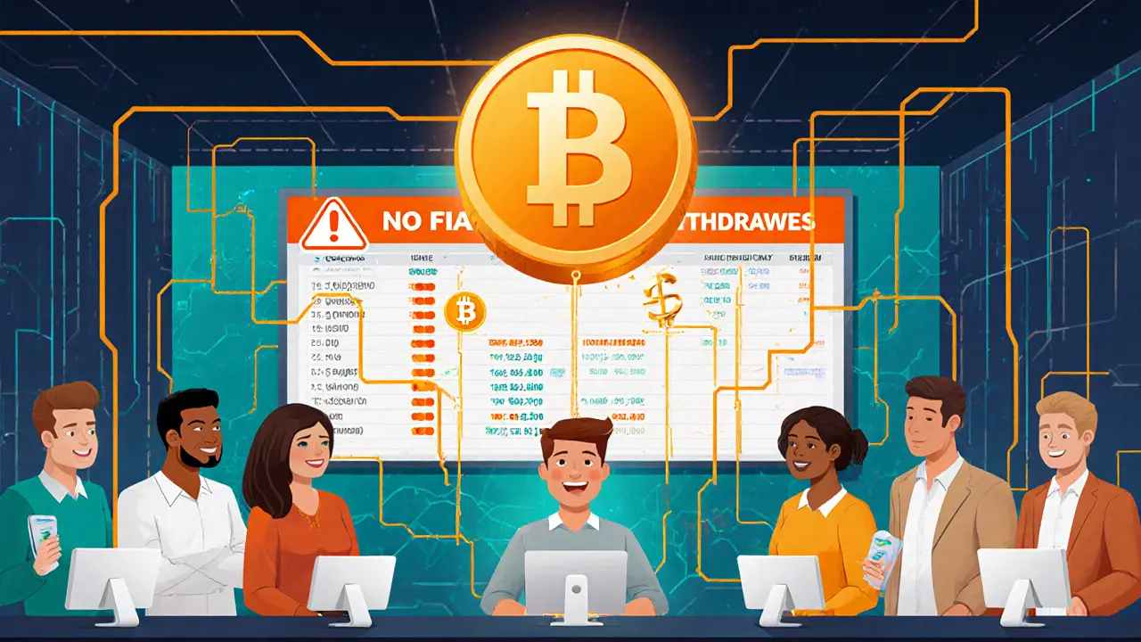 Traders copying trades via golden threads to a leaderboard, with USDT coin and &#039;No Fiat Withdrawals&#039; warning.