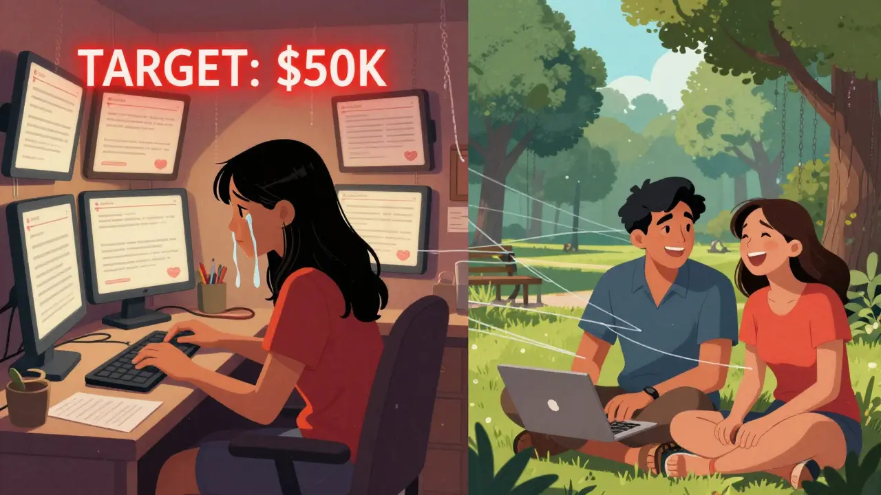 A Cambodian worker forced to scam online while an American couple enjoys life, connected by invisible digital threads of fraud.