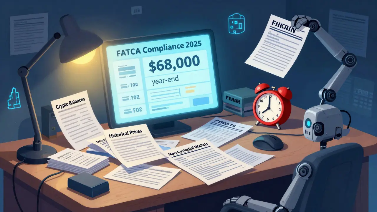 A cluttered desk with crypto documents, a ledger showing ,000, and an FBAR form being dropped by a robot.