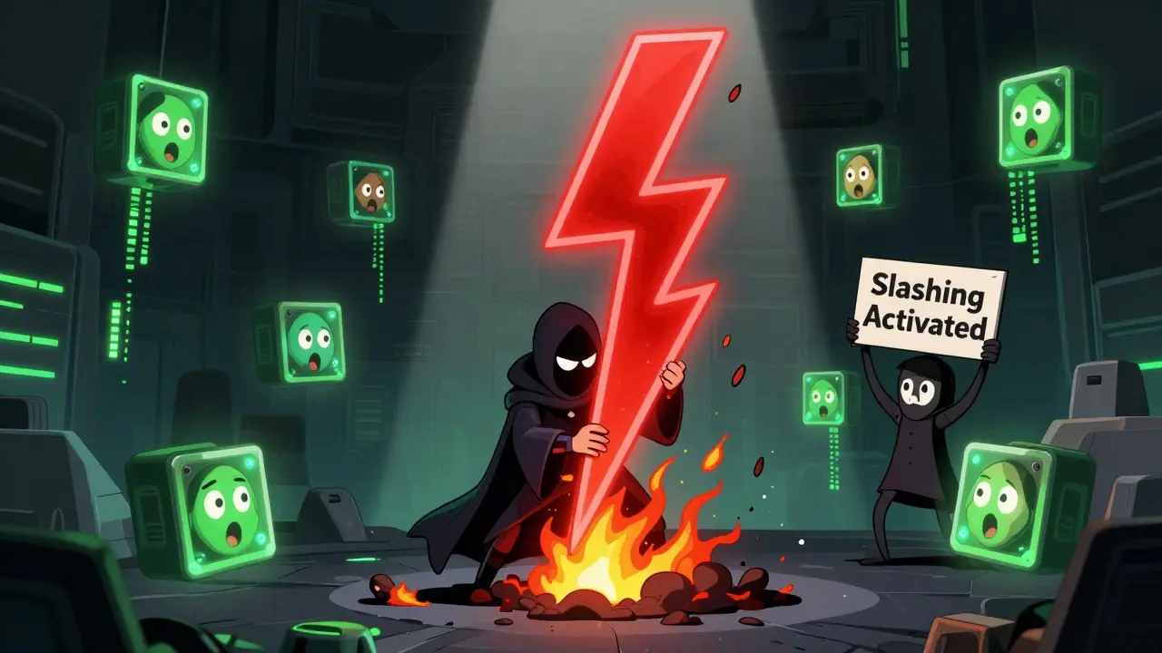 A dark validator is slashed by a giant red symbol, burning their ETH stake as glowing nodes watch in shock.