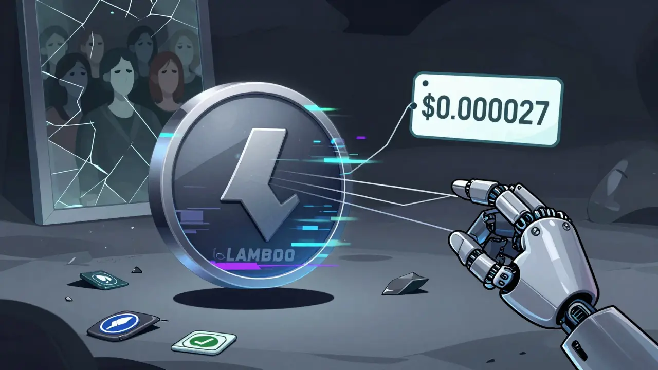A fading Avalanche LAMBO token in a void with fake trading graphs and broken verification badges.