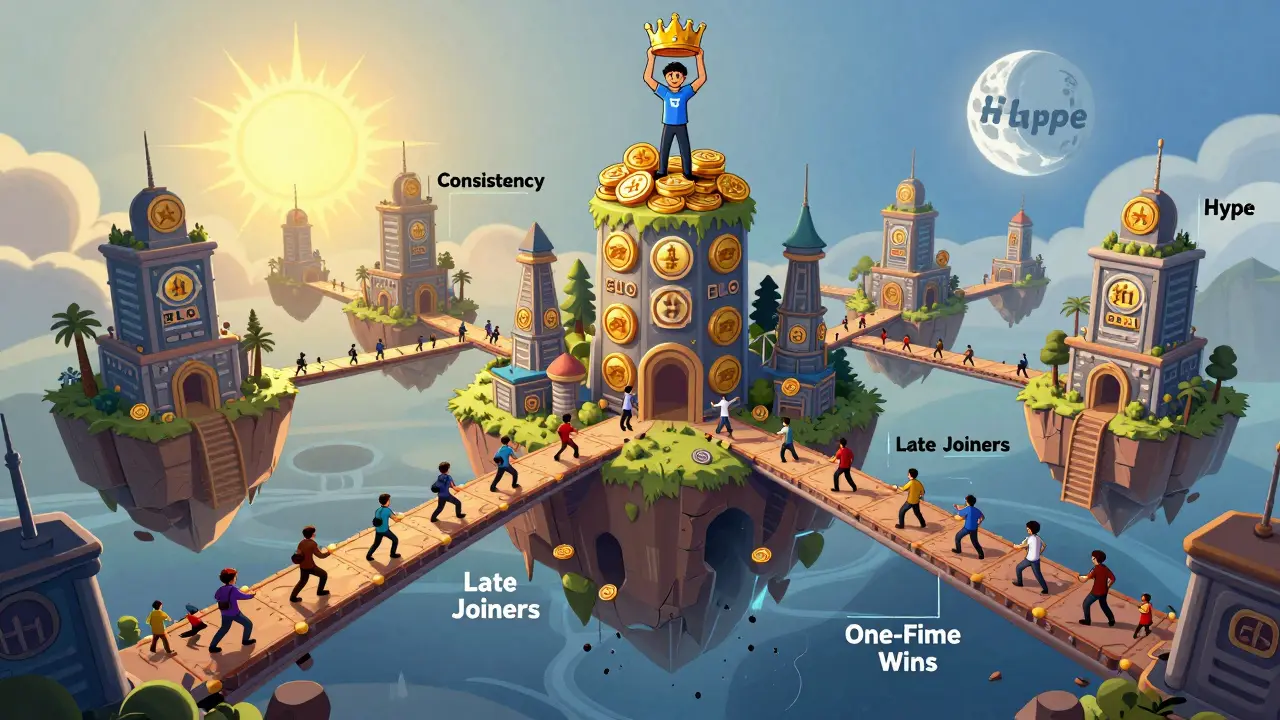 A floating city made of PEARL tokens, with players struggling on ranking bridges while one stands crowned at the top under a sun labeled 'Consistency'.