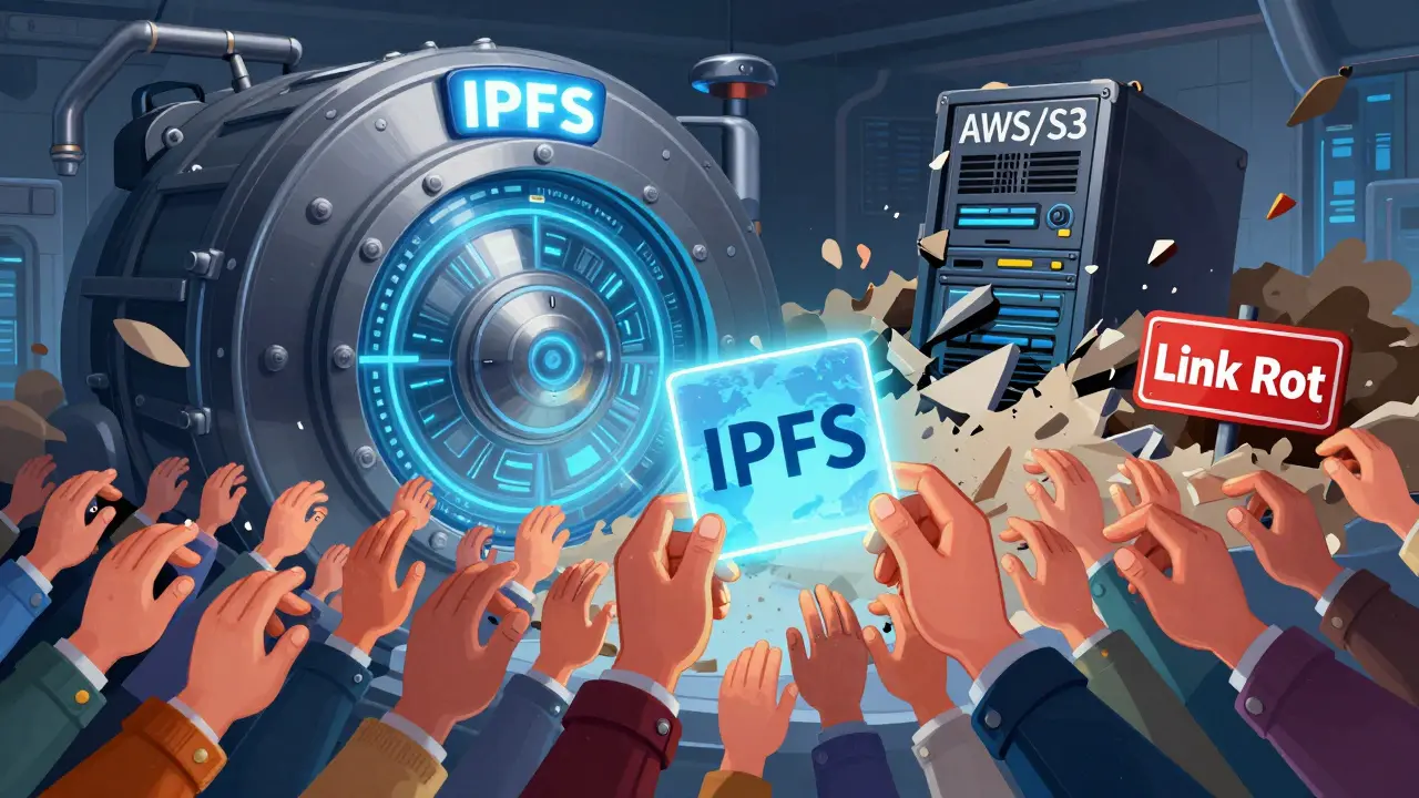 A futuristic IPFS vault is preserved by global hands while a centralized server crumbles into dust.