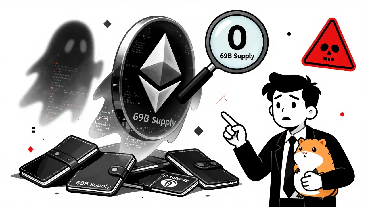 A ghostly Ethereum LAMBO token hovering over empty wallets, with a confused investor pointing at it.